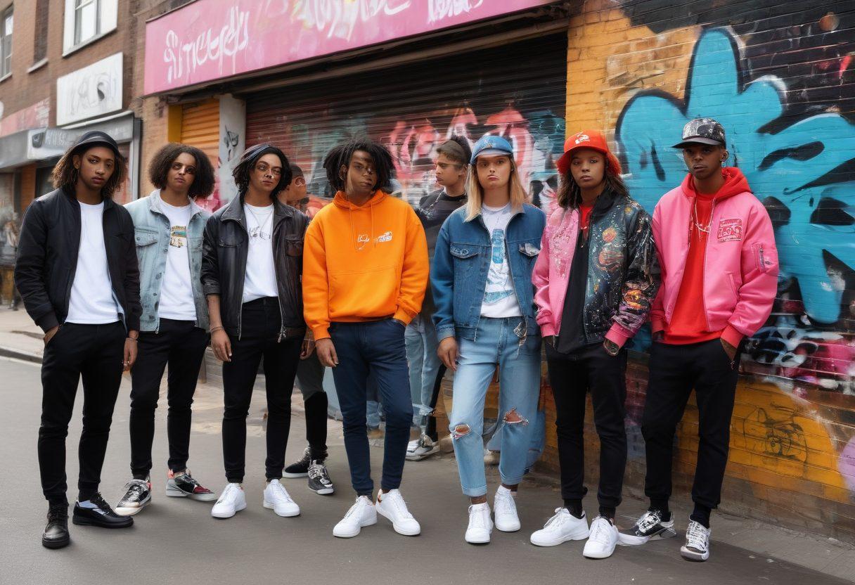 A dynamic urban scene showcasing diverse individuals in stylish streetwear, each displaying elements of social commentary through their fashion choices. Incorporate vibrant graffiti art in the background, representing the cultural significance of 'thug life.' Include a blend of various lifestyles, merging iconic symbols of rebellion with modern trends, to illustrate the evolution of street style. Capture the essence of community and individuality. graffiti art, vibrant colors, super-realistic.